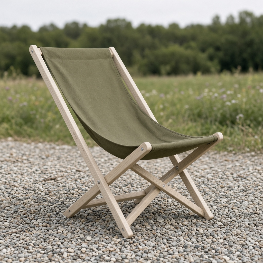 Nordgut Campingstuhl mit olivem Bezug und hellem Holzrahmen.