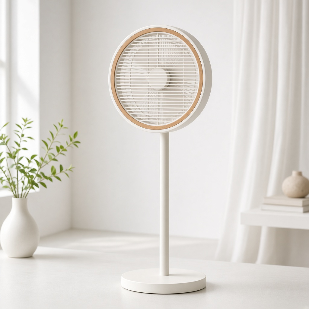 Schlanker weißer Nordgut Standventilator in einem hellen Raum.