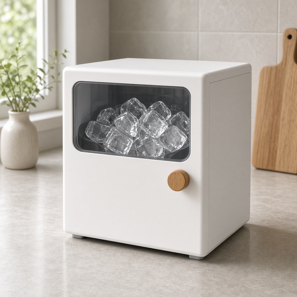Weiße Nordgut Eiswürfelmaschine mit Sichtfenster auf einer Küchenzeile.